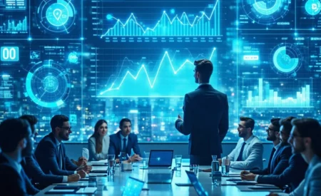 Confident business professional standing with digital marketing icons in a fluctuating economy graph