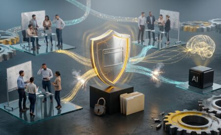 Illustration showing organizational fragmentation, AI icon, and website shield representing SEO risks and governance