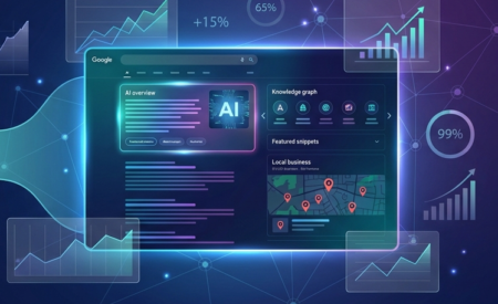 Featured image for The Evolution of Search article - showing evolution from 10 blue links to AI-powered search with data visualizations